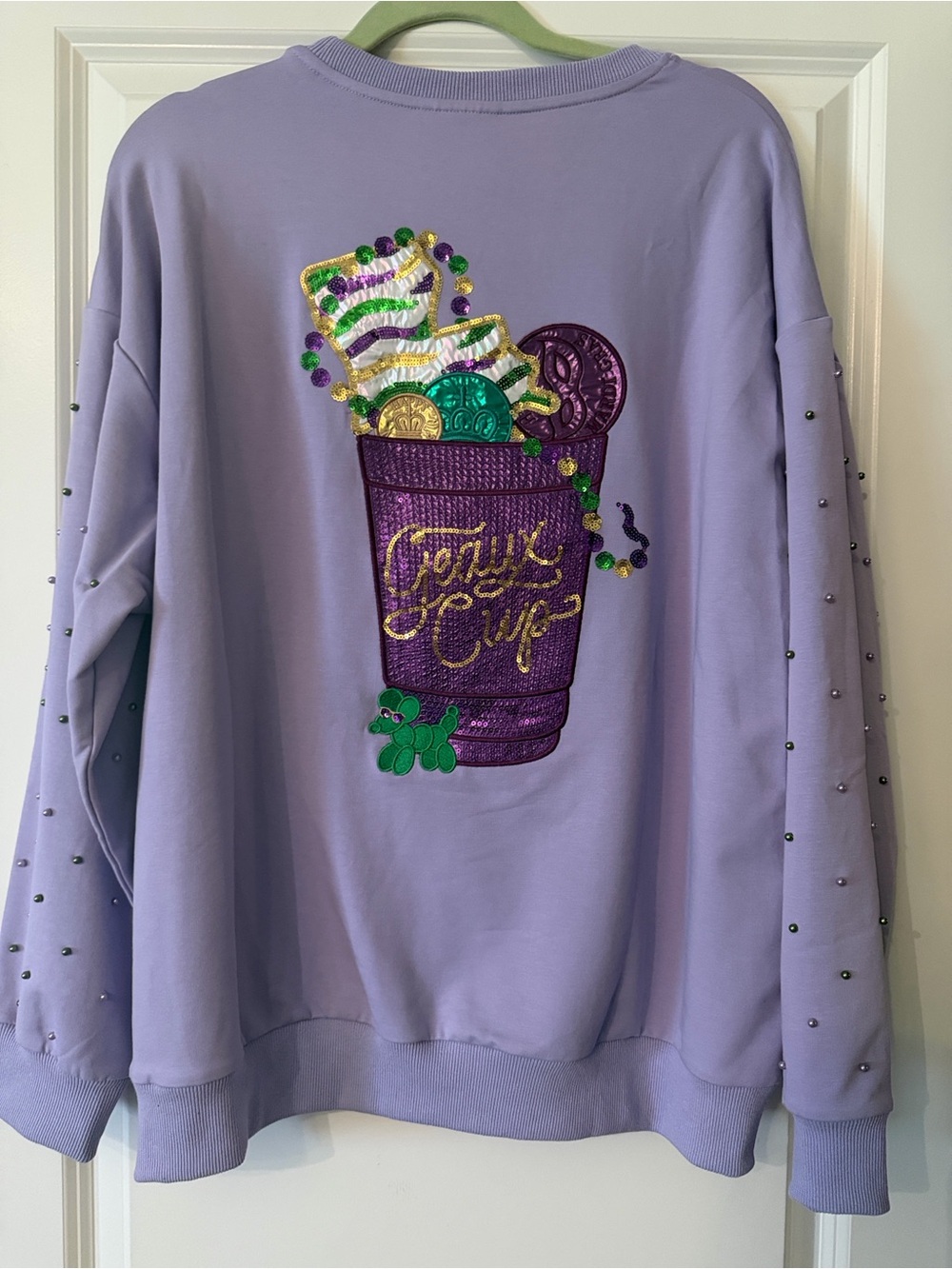 Mardi Gras Boutique Lavender Balloon Dog Embroidered Beaded Sweatshirt NWT